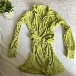 Green Pleated Belted Dress